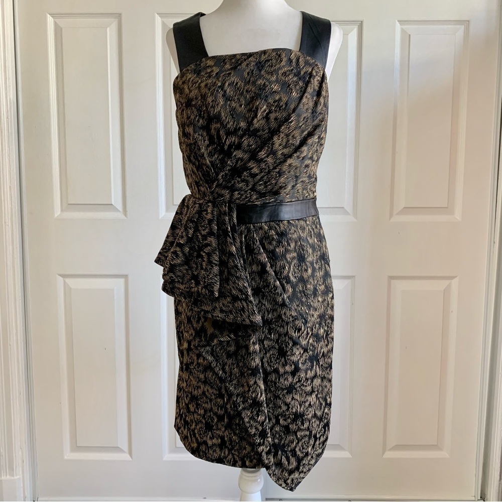 Cynthia Steffe Black and Tan Cocktail Dress with Faux Leather Details